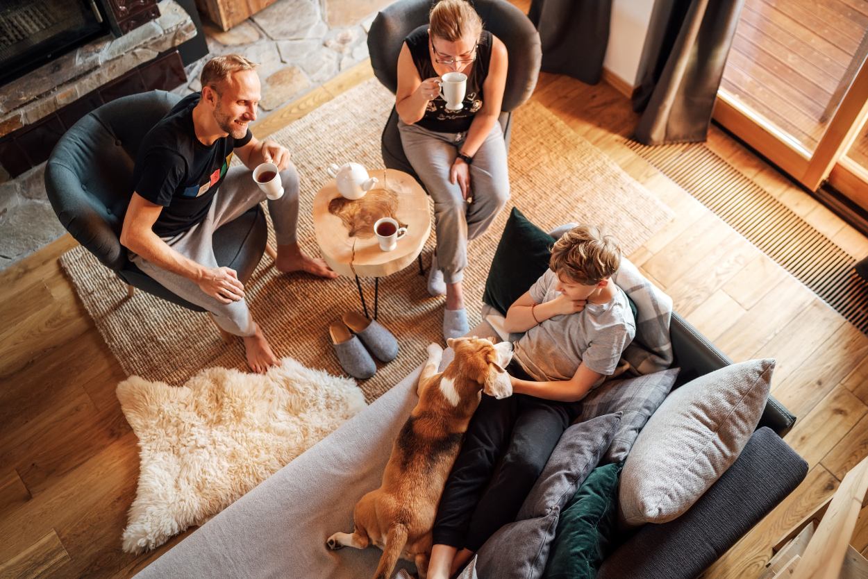 Cozy family tea time. Father, mother and son at the home living room. Boy lying in comfortable sofa and stroking their beagle dog and smiling. Peaceful family moments concept ... See More