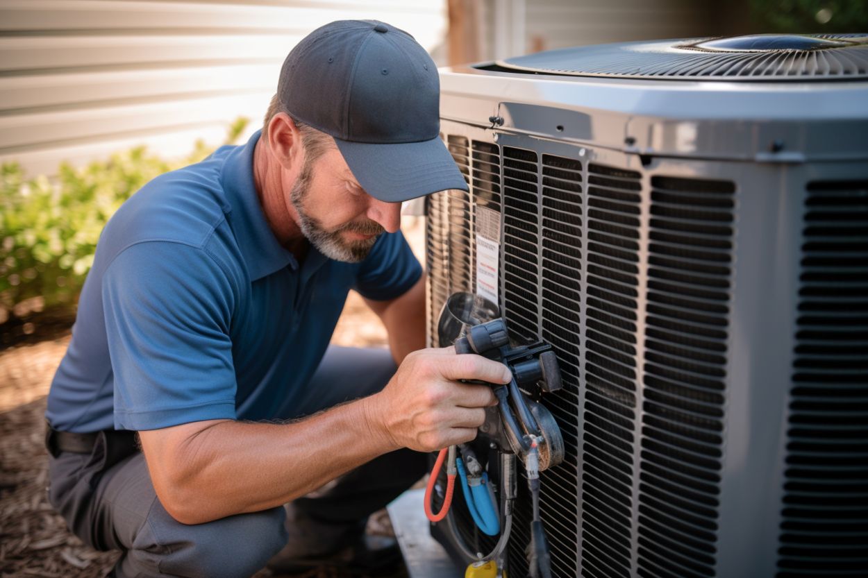 Technician checks the air conditioner system next to a home. HVAC condenser technical inspection. Generative AI