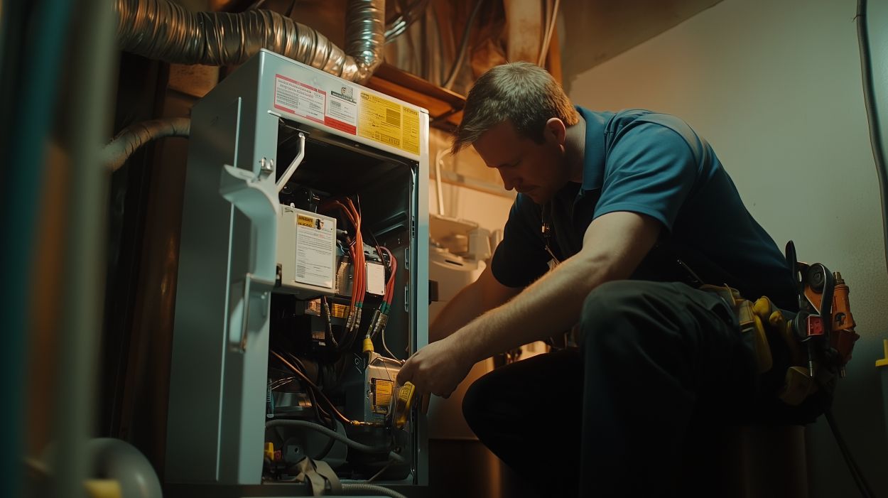 Heating Technician Inspecting Furnace in a Home