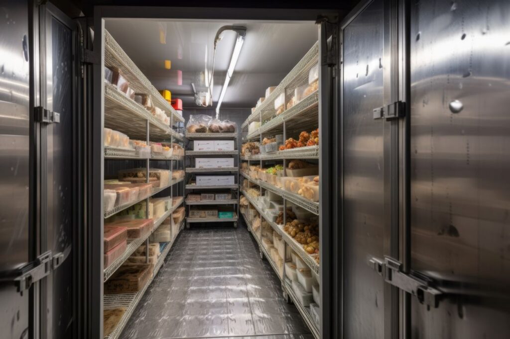 walk-in freezer, filled with block of ice and frozen foods, created with generative ai